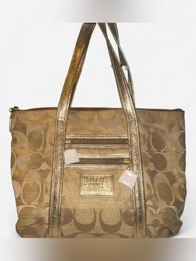 Coach Poppy Gold Signature Tote with Metallic Trim